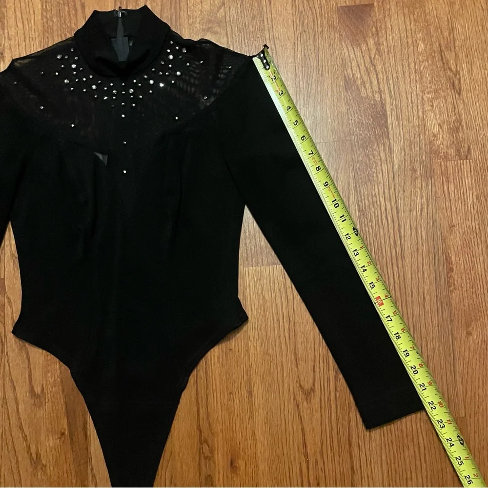 Tadashi Black Long Sleeve Rhinestone Embellished Mesh Thong Bodysuit size M - Picture 14 of 14